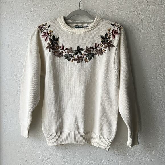 Vtg Northern Reflections Knit Sweater Medium Embroidered Floral Cottage Granny - Picture 1 of 9